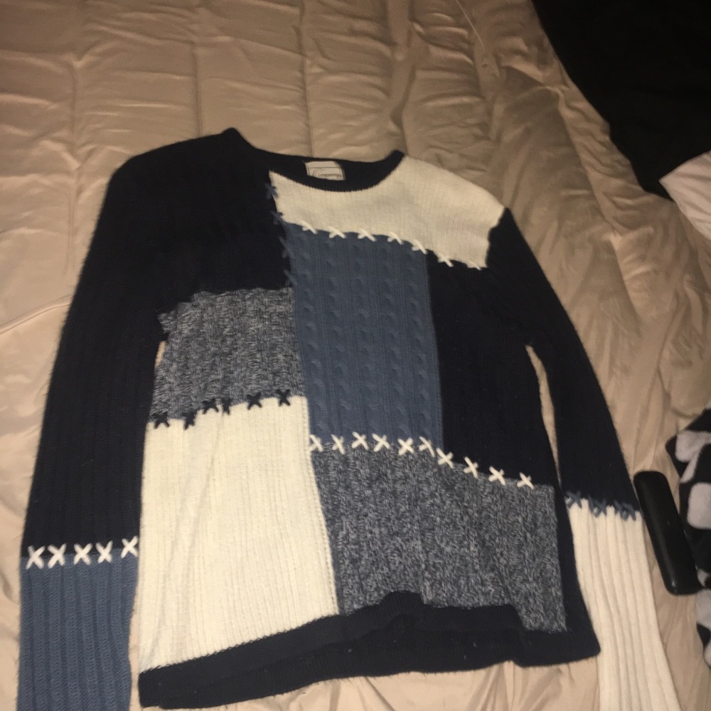 Colorblock Patchwork Knit Sweater - Navy, Blue, Cream